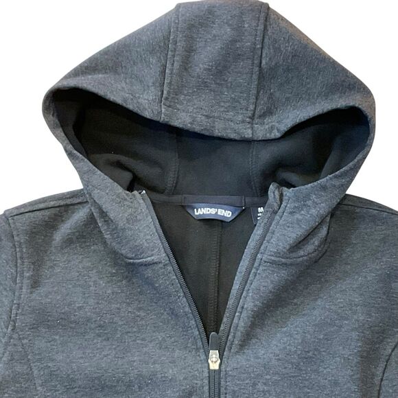 Women LANDS’ END Sz M Jacket Coat Rich Water Resistant Long Hood Zip Fleece Gray - Picture 2 of 11